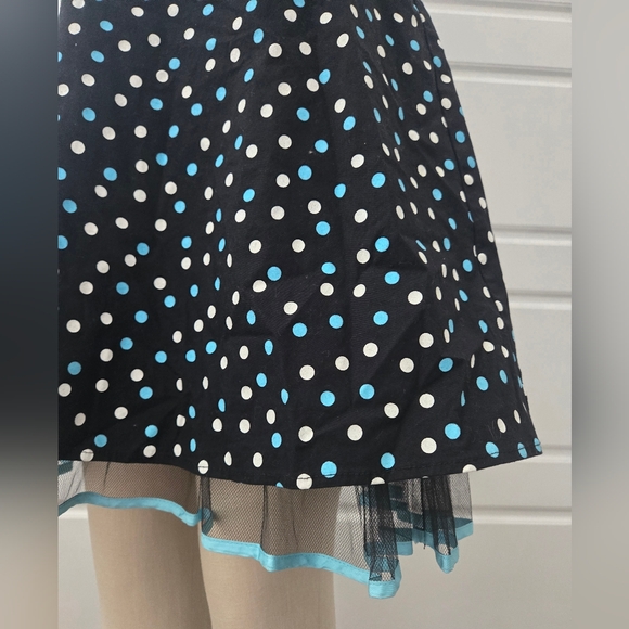 Black Polka Dot & Blue Satin Mini Sleeveless Formal Dress - Picture 4 of 6